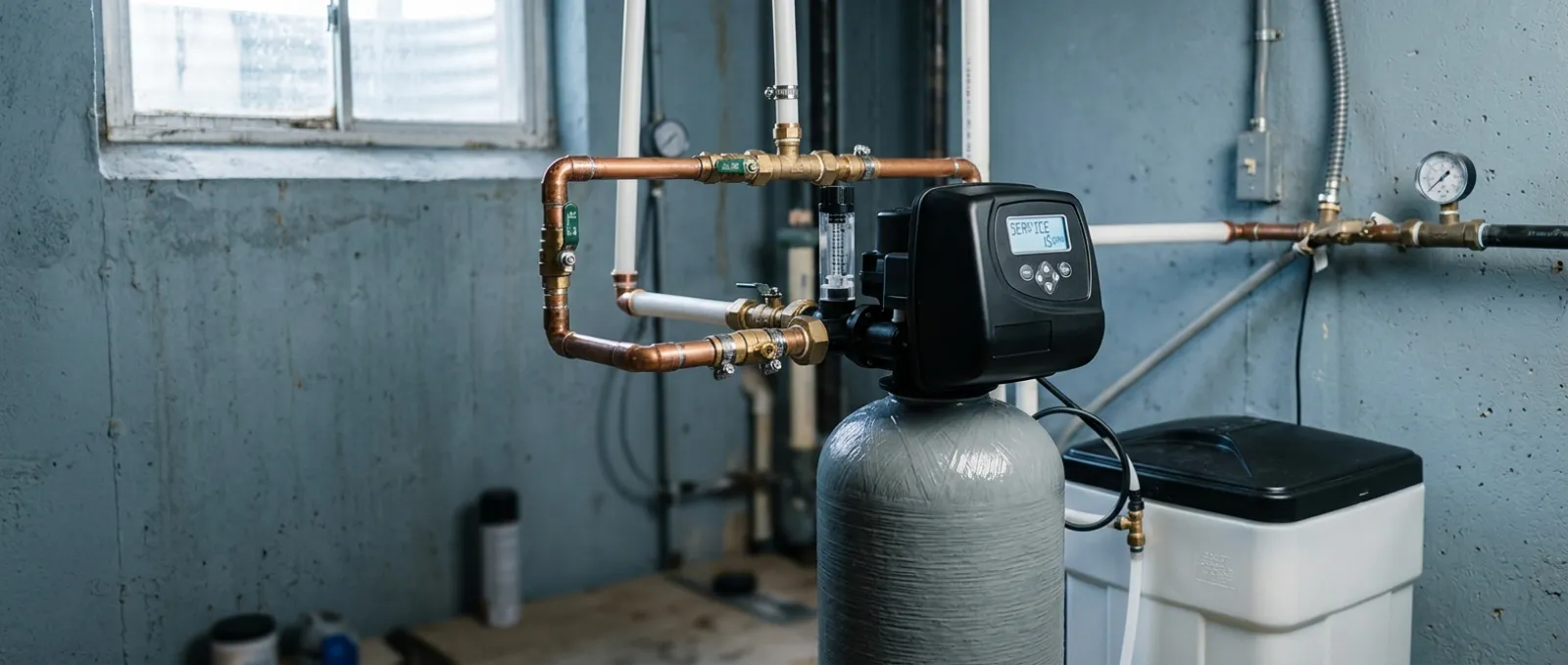 A water treatment control valve head on a resin tank in a utility room, with bypass plumbing behind it
