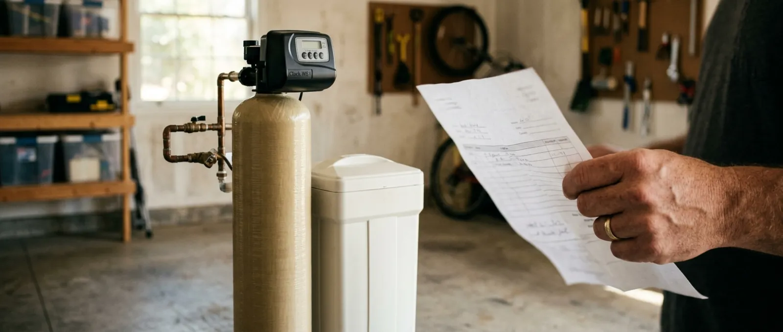 A homeowner holds a written quote in front of a newly installed water softener resin tank and brine tank in a garage
