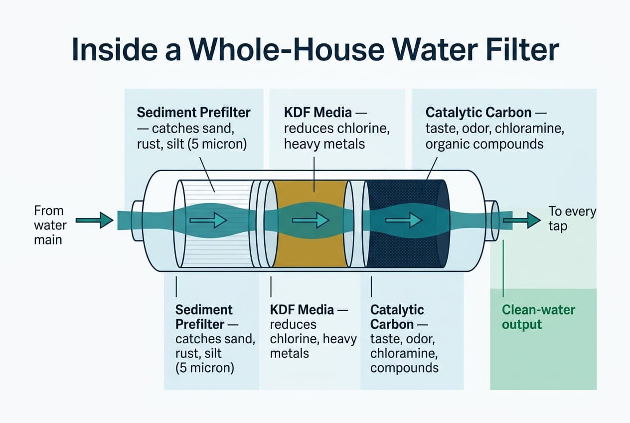 Stages of a whole-house water filtration system: sediment prefilter, KDF media, catalytic carbon